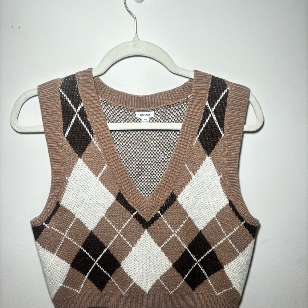 Garage Brown and White Argyle V-Neck Sweater Vest